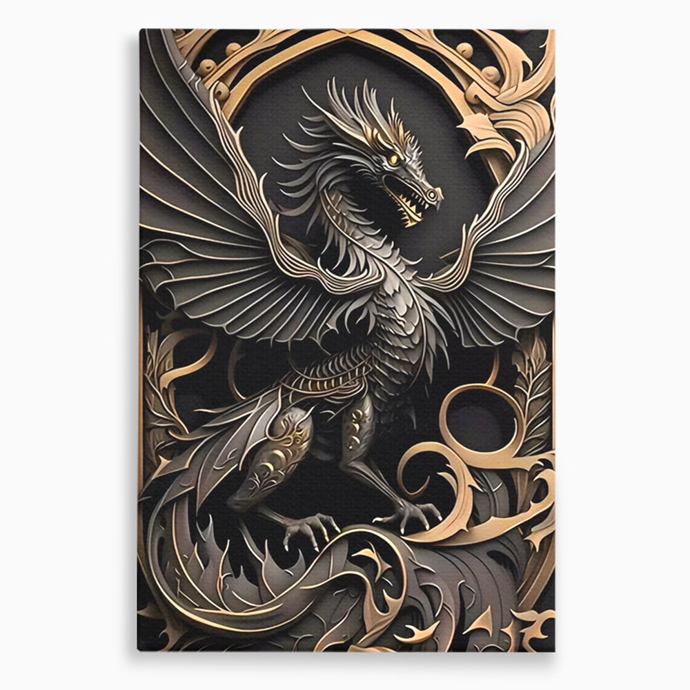 Tablou canvas cu ilustratie digitala cu dragon mitic, fara rama, pe sasiu de lemn